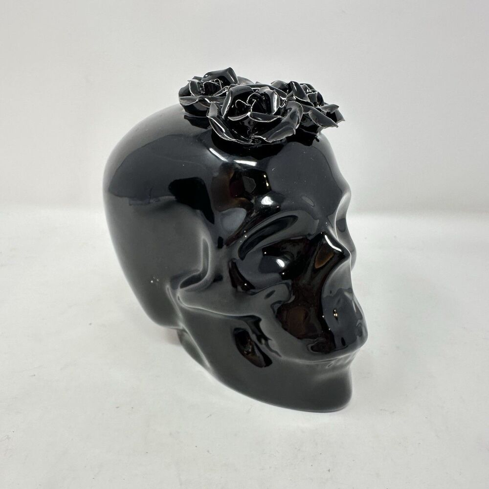 Black Ceramic Skull Roses Gothic Halloween Decor Figurine
